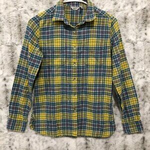 Woolrich Shirt Women XS Yellow/Blue Flannel Plaid Button Up Long Sleeve Hiking